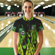 Load image into Gallery viewer, Green Flame clover skull St Patrick&#39;s Day Women bowling shirts Custom Lucky Bowling Team Jerseys NQS9379