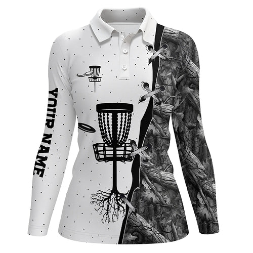 Women disc golf polo shirt black camo disc golf hole custom name disc golf team shirt, disc golf gifts NQS4730