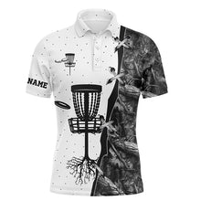 Load image into Gallery viewer, Mens disc golf polo shirt black camo disc golf hole custom name disc golf team shirt, disc golf gifts NQS4730