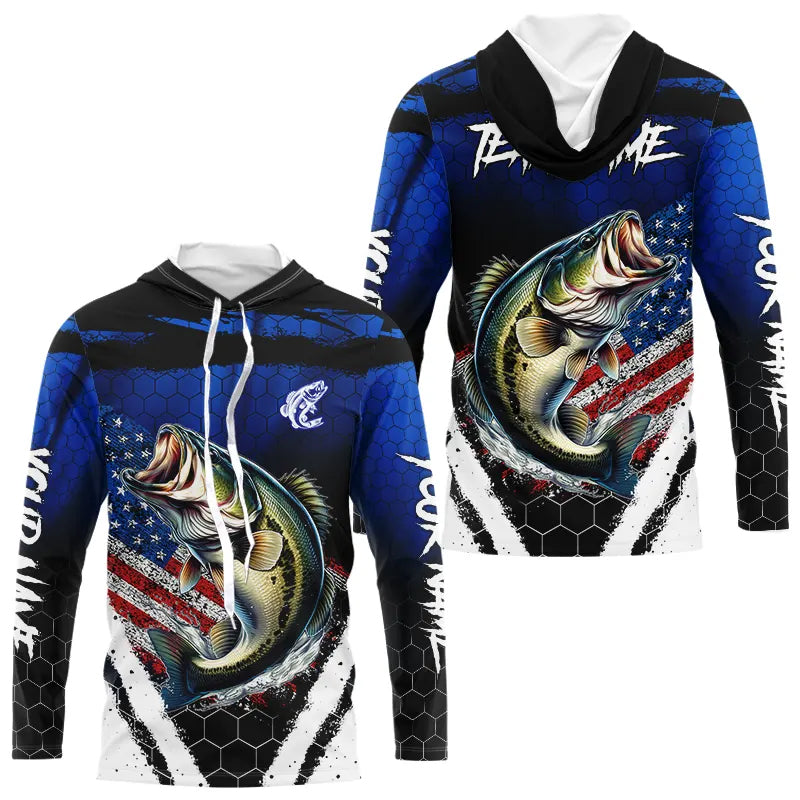 Largemouth Bass fishing American Flag Custom patriotic long sleeve team Bass fishing shirts | Blue NQS9529
