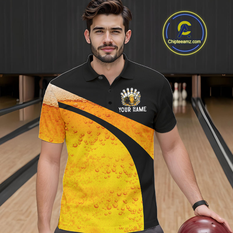 Custom Yellow Funny Beer Bowling Jersey for Men Bowling Uniform Polo & 1/4 Zip Bowling Team Shirts NQS11646