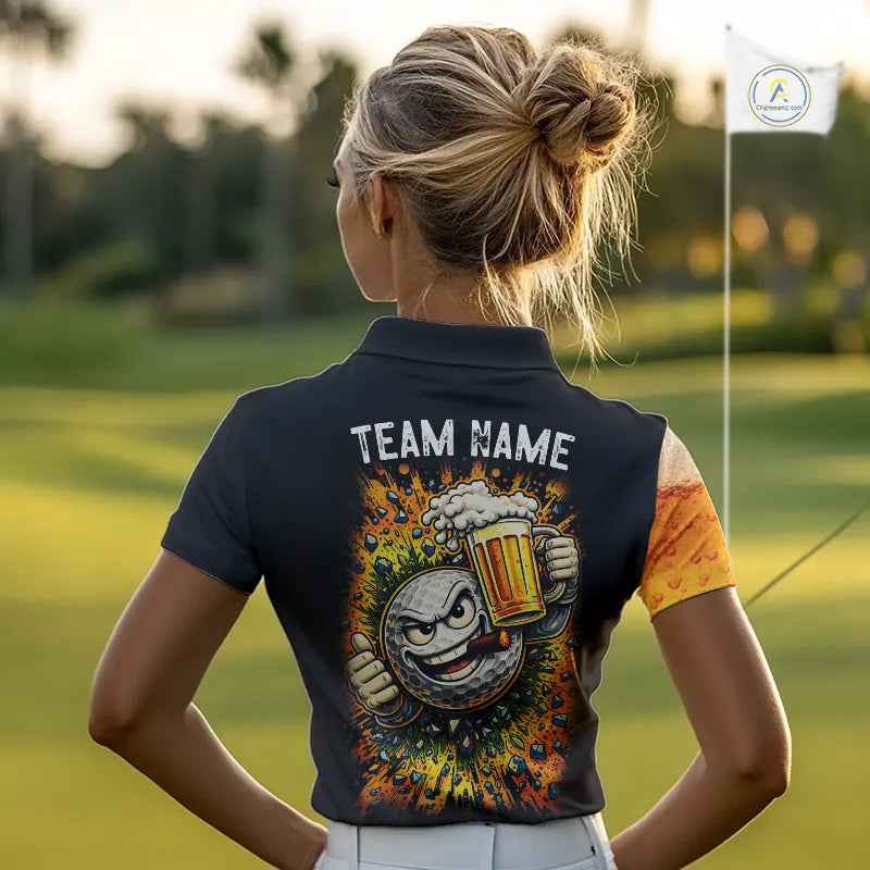 Custom Yellow Funny Beer Golf Polo Shirts For Women, golf outfits for ladies, Personalized golf gifts NQS11647