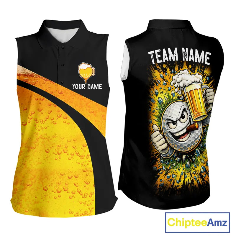 Custom Yellow Funny Beer sleeveless Golf Shirt For Women, golf outfits for ladies NQS11647