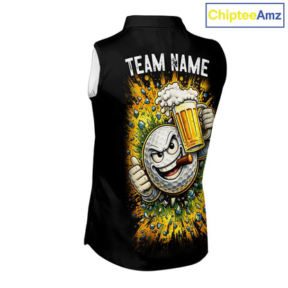 Custom Yellow Funny Beer sleeveless Golf Shirt For Women, golf outfits for ladies NQS11647
