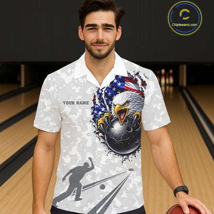 Personalized American Flag Skull Eagle Camo Bowling Team Hawaiian Shirts, Patriotic Bowling Outfits NQS11648