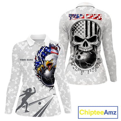 Personalized American Flag Skull Eagle Camo Bowling Team Shirts For Women, Patriotic Bowling Outfits NQS11648