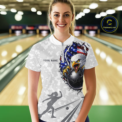 Personalized American Flag Skull Eagle Camo Bowling Team Shirts For Women, Patriotic Bowling Outfits NQS11648