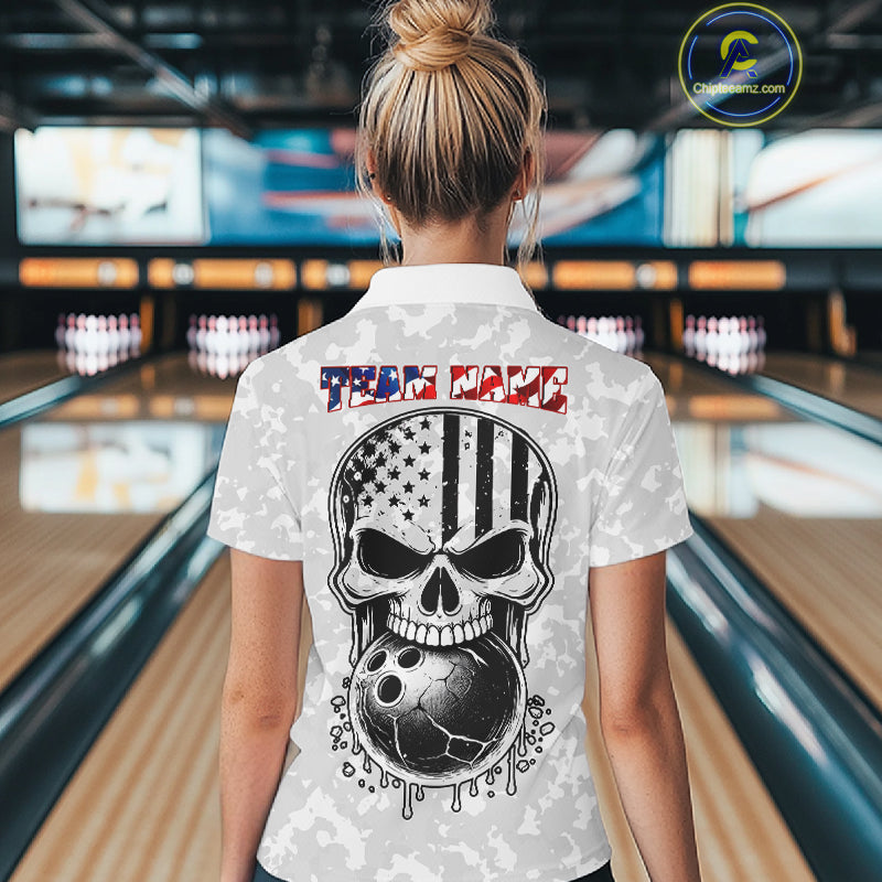 Personalized American Flag Skull Eagle Camo Bowling Team Shirts For Women, Patriotic Bowling Outfits NQS11648