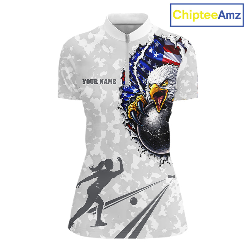 Personalized American Flag Skull Eagle Camo Bowling Team Shirts For Women, Patriotic Bowling Outfits NQS11648