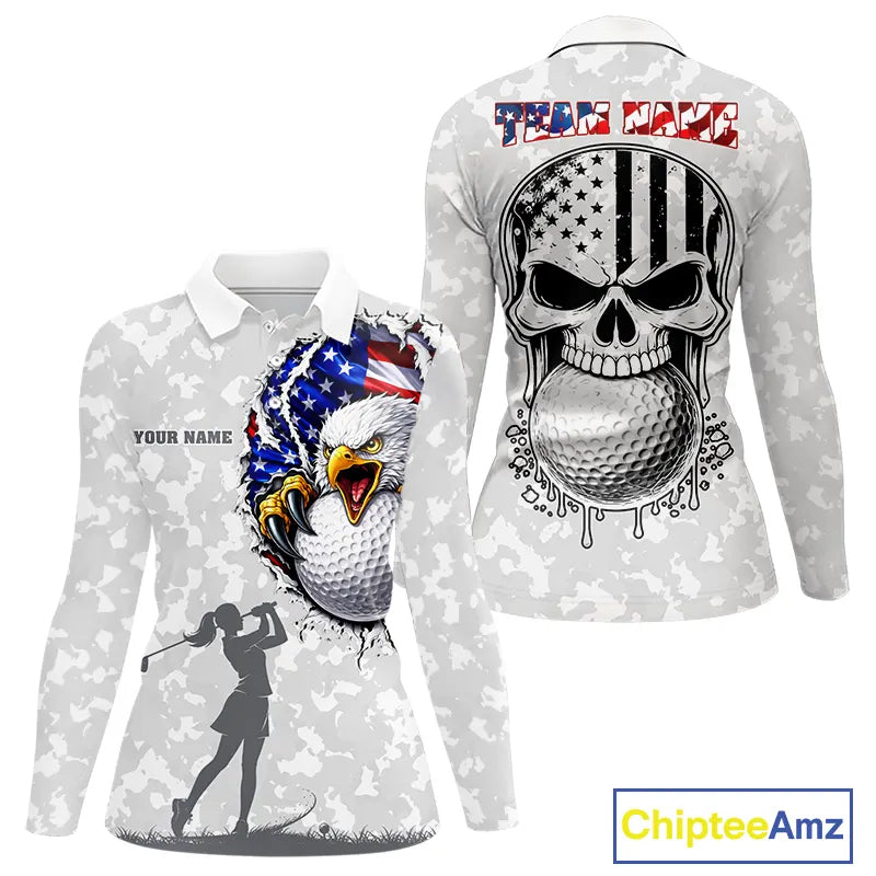 Personalized American Flag Skull Eagle Camo Golf Polo Shirts For Women, Patriotic Ladies Golf Outfits NQS11649