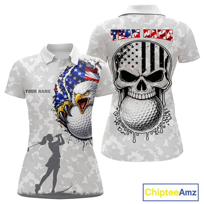 Personalized American Flag Skull Eagle Camo Golf Polo Shirts For Women, Patriotic Ladies Golf Outfits NQS11649