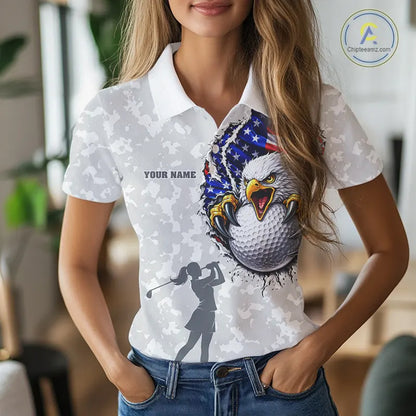 Personalized American Flag Skull Eagle Camo Golf Polo Shirts For Women, Patriotic Ladies Golf Outfits NQS11649