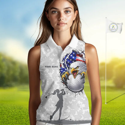 Personalized American Flag Skull Eagle Camo Sleeveless Golf Polo Shirt, Patriotic Ladies Golf Outfits NQS11649