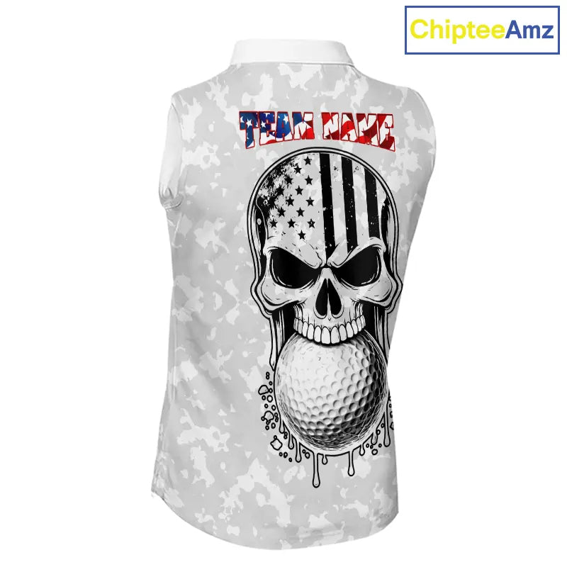 Personalized American Flag Skull Eagle Camo Sleeveless Golf Polo Shirt, Patriotic Ladies Golf Outfits NQS11649