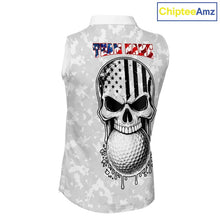 Load image into Gallery viewer, Personalized American Flag Skull Eagle Camo Sleeveless Golf Polo Shirt, Patriotic Ladies Golf Outfits NQS11649