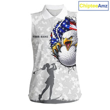 Load image into Gallery viewer, Personalized American Flag Skull Eagle Camo Sleeveless Golf Polo Shirt, Patriotic Ladies Golf Outfits NQS11649