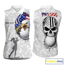 Load image into Gallery viewer, Personalized American Flag Skull Eagle Camo Sleeveless Golf Polo Shirt, Patriotic Ladies Golf Outfits NQS11649