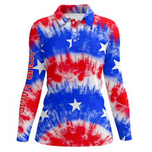 Load image into Gallery viewer, Red, white and blue tie dye American flag Womens golf polo shirts custom team golf shirts ladies NQS5466