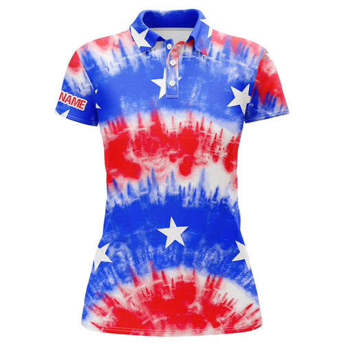 Red, white and blue tie dye American flag Womens golf polo shirts custom team golf shirts ladies NQS5466