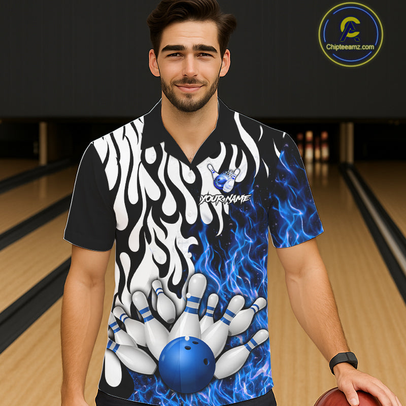 Black, White and Blue Flame Bowling Hawaiian Jersey Custom Bowling Team Button-up Shirts NQS11739