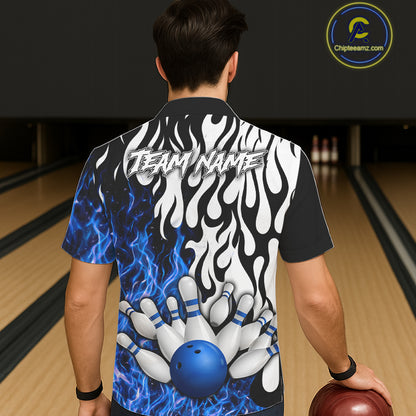 Black, White and Blue Flame Bowling Hawaiian Jersey Custom Bowling Team Button-up Shirts NQS11739
