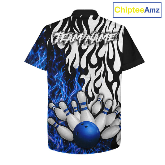 Black, White and Blue Flame Bowling Hawaiian Jersey Custom Bowling Team Button-up Shirts NQS11739