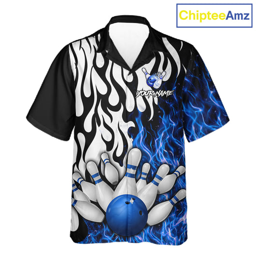 Black, White and Blue Flame Bowling Hawaiian Jersey Custom Bowling Team Button-up Shirts NQS11739