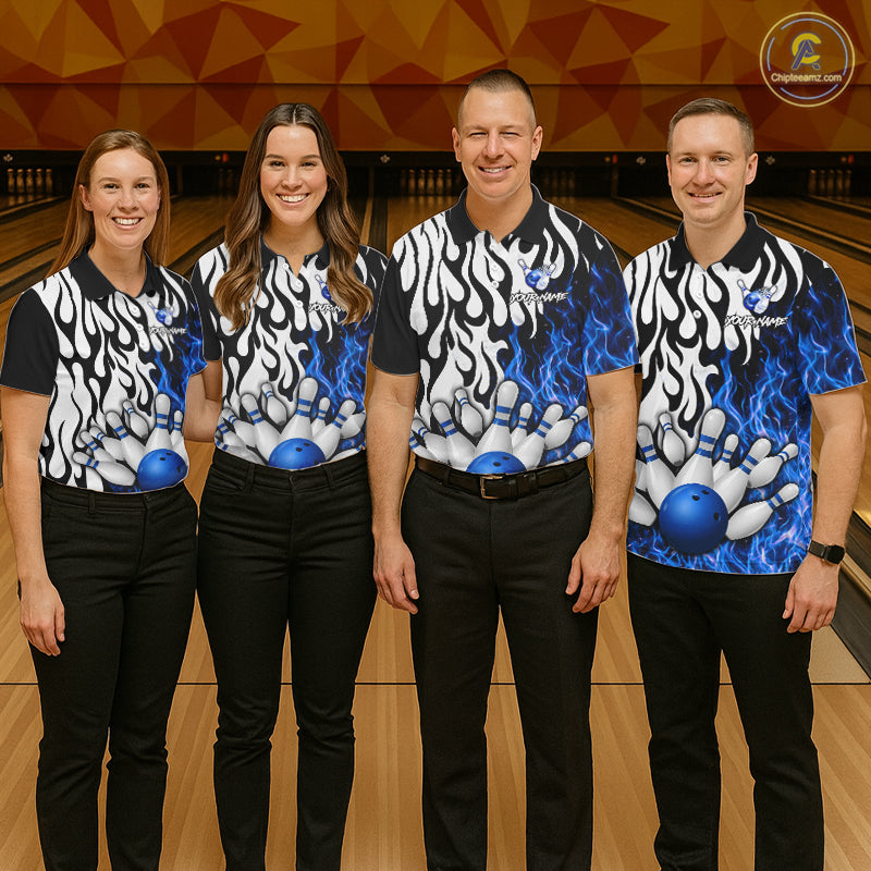 Black, White and Blue Flame Bowling Polo, Quarter Zip Shirts For Men Custom Bowling Team Jerseys NQS11739