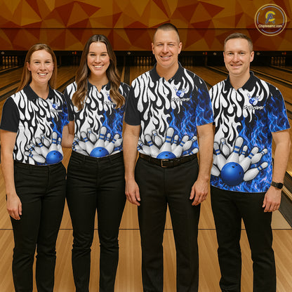 Black, White and Blue Flame Bowling Polo, Quarter Zip Shirts For Men Custom Bowling Team Jerseys NQS11739