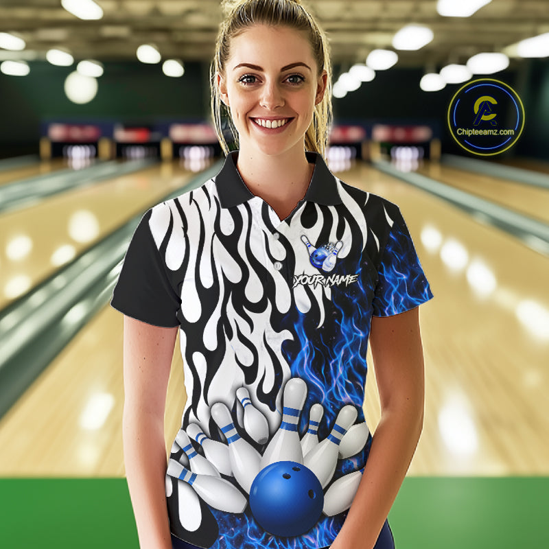 Black, White and Blue Flame Bowling Polo, Quarter Zip Shirts For Women Custom Bowling Team Jerseys NQS11739