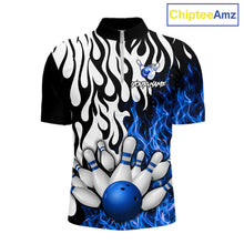 Load image into Gallery viewer, Black, White and Blue Flame Bowling Polo, Quarter Zip Shirts For Men Custom Bowling Team Jerseys NQS11739