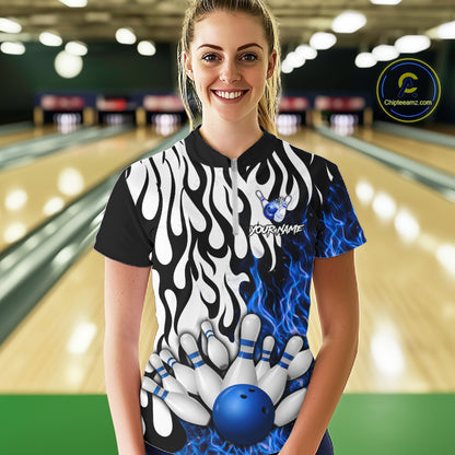 Black, White and Blue Flame Bowling Polo, Quarter Zip Shirts For Women Custom Bowling Team Jerseys NQS11739