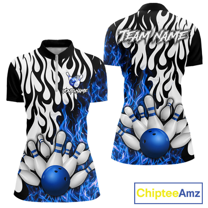 Black, White and Blue Flame Bowling Polo, Quarter Zip Shirts For Women Custom Bowling Team Jerseys NQS11739