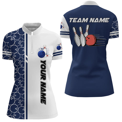 Womens bowling Quarter Zip shirt Custom white blue camo vintage bowling shirts, ladies bowling jersey NQS7467