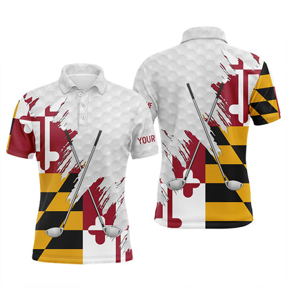 Maryland flag golf clubs patriotic custom name white Mens golf polo shirts, team mens golf tops NQS7469
