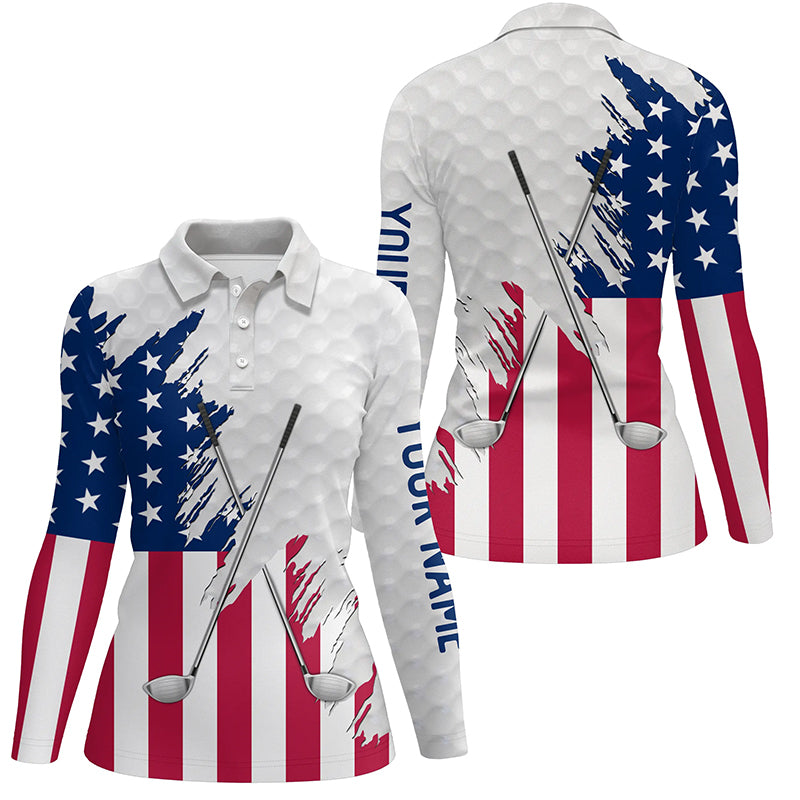 American flag golf clubs patriotic custom name white Womens golf polo shirts, team ladies golf tops NQS7470