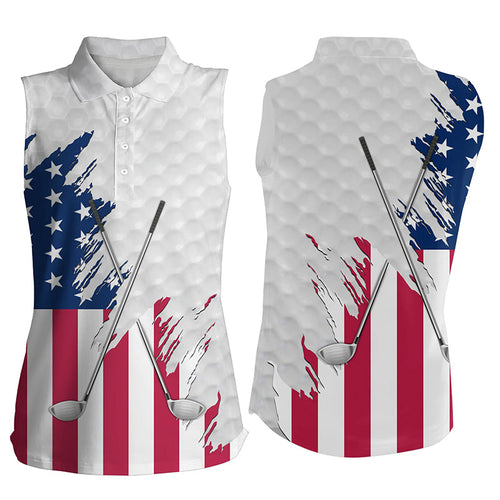 American flag golf clubs patriotic white Womens sleeveless polo shirts, team ladies golf tops NQS7470