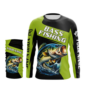 Black Green Bass fishing Custom Long Sleeve Tournament Fishing Shirts, Performance Bass Fishing Jersey NQS7475