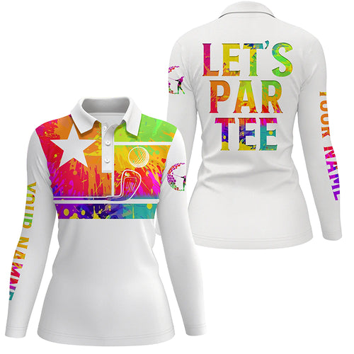 Womens golf polo shirts watercolor Texas flag patriot custom name Let’s Par Tee white golf shirt NQS5470