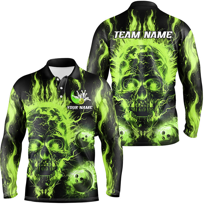 Green flame skull Bowling ball Mens bowling shirts custom bowling jers ...