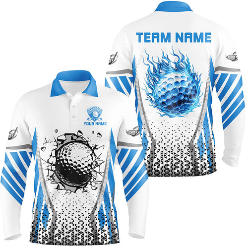 Blue flame golf ball wall break white Mens golf polo shirt custom golf attire for men NQS7824