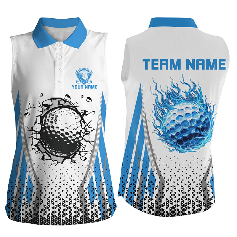 Blue flame golf ball wall break white Women sleeveless polo shirt custom golf attire for women NQS7824