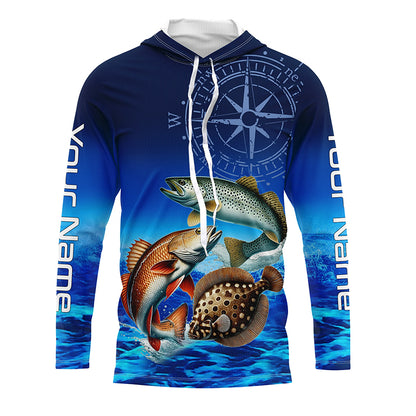 Personalized Redfish, trout, flounder Blue Performance Fishing Shirt, compass inshore tournament Shirt NQS5941