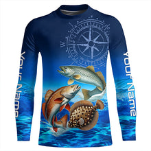 Load image into Gallery viewer, Personalized Redfish, trout, flounder Blue Performance Fishing Shirt, compass inshore tournament Shirt NQS5941