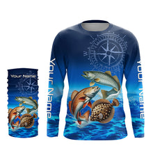 Load image into Gallery viewer, Personalized Redfish, trout, flounder Blue Performance Fishing Shirt, compass inshore tournament Shirt NQS5941