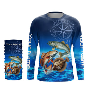 Personalized Redfish, trout, flounder Blue Performance Fishing Shirt, compass inshore tournament Shirt NQS5941