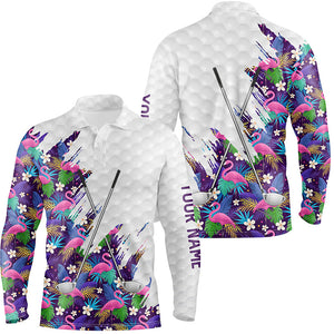 Purple Flamingo tropical pattern custom name white Mens golf polo shirts, team mens golf tops NQS8050