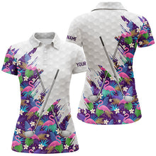 Load image into Gallery viewer, Purple Flamingo tropical pattern custom white Womens golf polo shirts, team ladies golf tops NQS8050