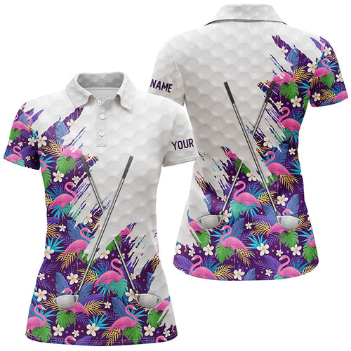 Purple Flamingo tropical pattern custom white Womens golf polo shirts, team ladies golf tops NQS8050