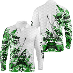 Green camo pattern custom name white Mens golf polo shirts, team golf tops for men NQS8052